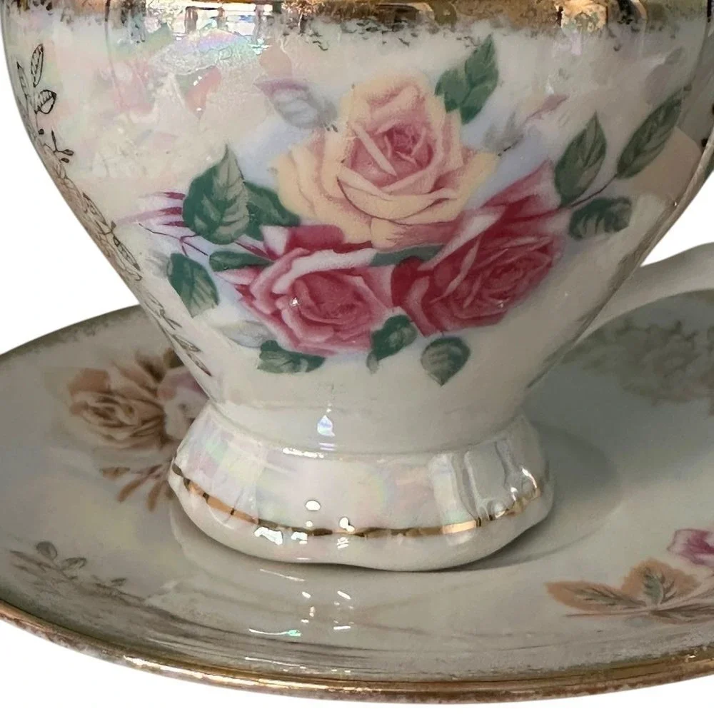Choice Imports Vintage Floral‎ Teacup and Saucer Set Gold Trim Iridescent Rose